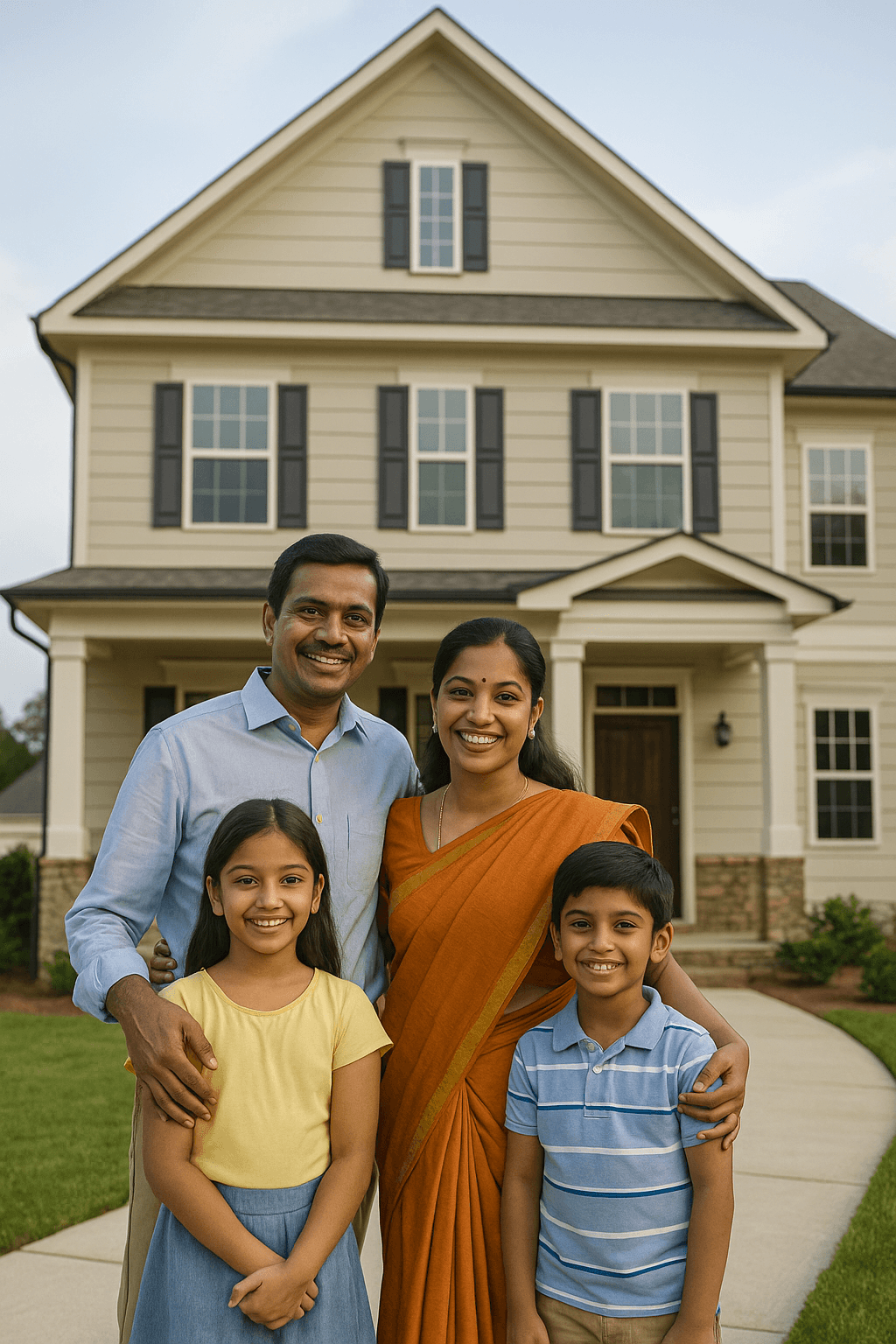 A family standing in front of the house they now own